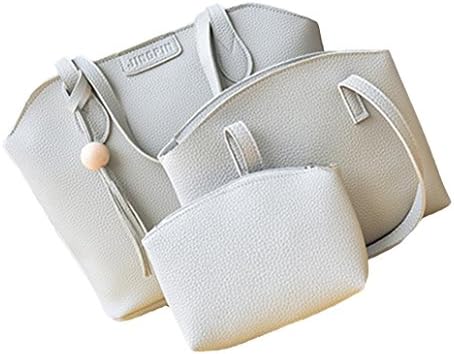 EUNOMIA 3Pcs/Set Faux Leather Handbag Lady Crossbody Bag with Tassel Bead Shoulder Bag (Light Grey)
