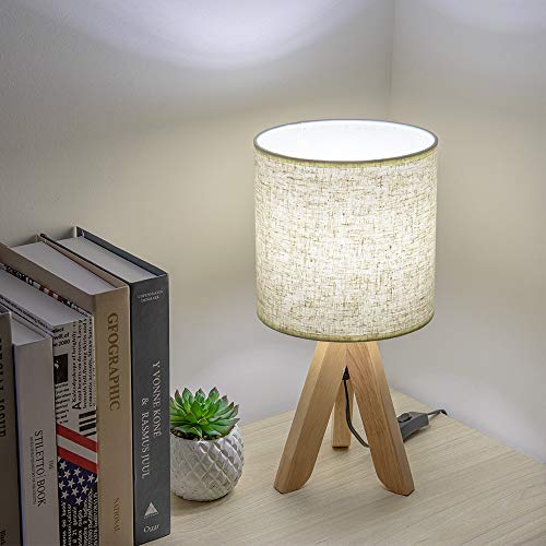 HAITRAL Small Bedside Table Lamp Wooden Tripod Nightstand Lamp for