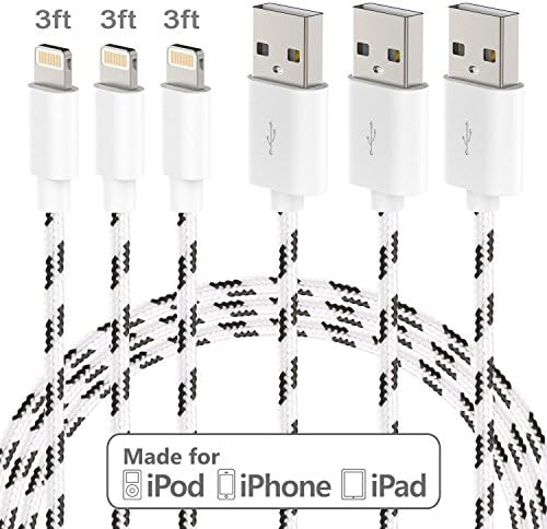 TT-WISH 3Packs Lightning Cables 3FT Nylon Braided High Speed Charging Cord USB Charger Cables for iPhone X/8/8 Plus/7/7 Plus/6 Plus/6s/6/SE, iPad, iPod and More(White)