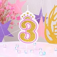 T-shin Glitter Number 3 Birthday Candle,Gold Number with Crown Candles,Long Thin Anniversary Candles Set,Party Supplies,Cake Decoration (Gold-3)