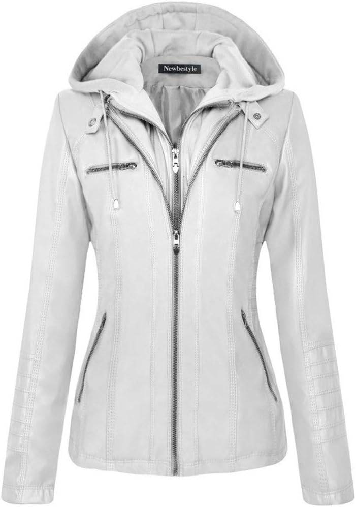 Newbestyle Womens Hooded Faux Leather Jacket Quilted Zip Up Jacket S-2XL
