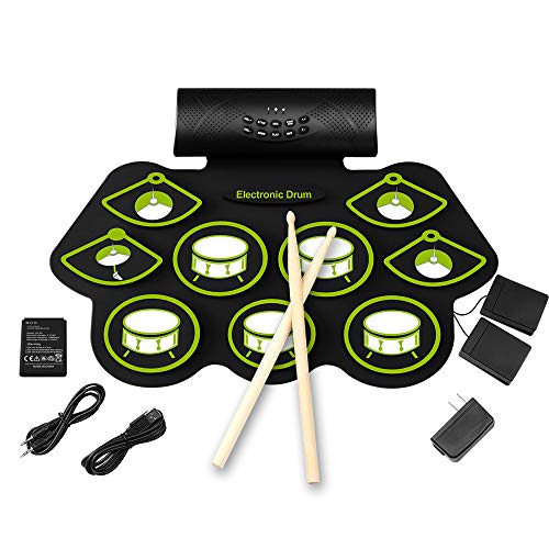 Electronic Drum Set - 9 MIDI Drum Practice Pads, Portable Roll Up Electric Drum kit with Headphone Jack, Built in Speaker and Battery, Drum Stick, Foot Pedals for Kids or Beginner