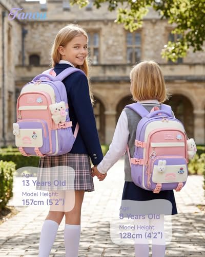 Tanou Girls' School Backpacks, 20 Litres Backpack for Girls from 8 to 12 Years | Lightweight and Waterproof Nylon Kawaii School Backpack with Pendant, Purple