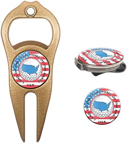 Hat Trick Openers 6-in-1 Golf Divot Tool & Hat Clip Set with USA Logo, Gold