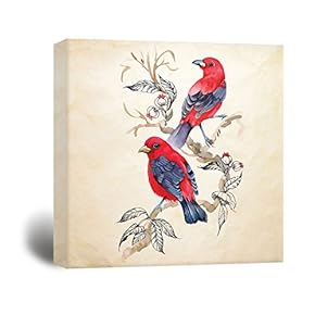 Square Canvas Wall Art - Watercolor Painting of Two Red Brids on Flower Tree Branch - Giclee Print Gallery Wrap Modern Home Art Ready to Hang - 12x12 inches