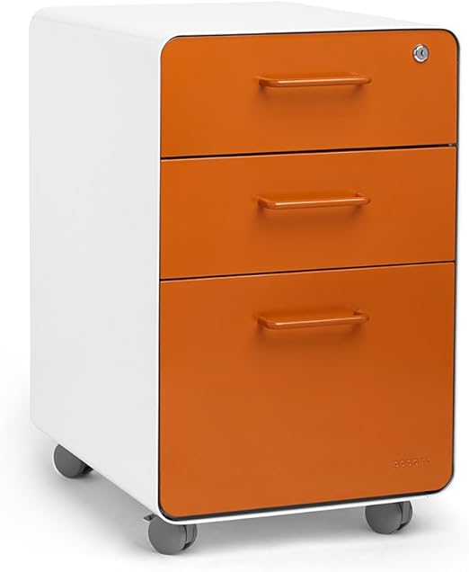 Amazon Com Poppin White Orange Stow 3 Drawer File Cabinet With Casters Kitchen Dining