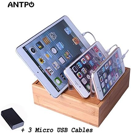 ANTPO Natural Bamboo Charging Station Stand Dock Multiple Device Desktop Organizer Stand with a 40W 6-Port USB Charger for SmartPhones Tablet iPhone iPad Samsung Nexus (brown)