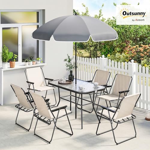 Conjunto de Mesa y Sillas Jardín de 8 Piezas con Sombrilla Crema