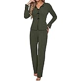 XINGJIAARTS Pajama Sets Women Long Sleeve Ribbed Knit Button Up Top Full Length Pants 2 Piece Fall Casual Outfit Sleepwear Pj
