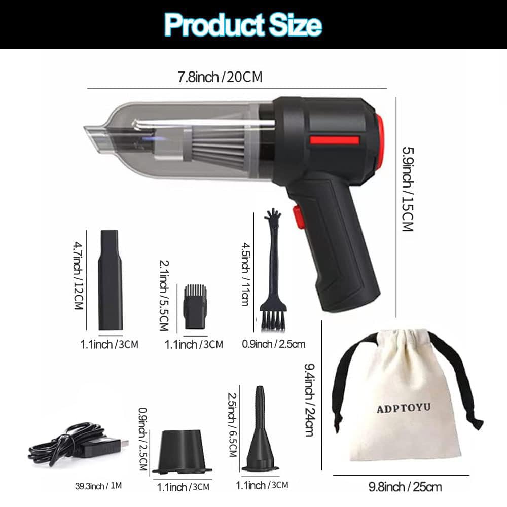 ADPTOYU 3-in-1 Portable Small Cordless handheld Vacuum Cleaner Rechargeable with 9000PA Powerful Suction for Car/Office/Home