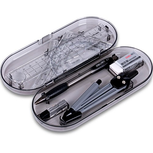 Shuxy 9 Pieces Math Geometry Kit - Shatterproof Box, Pencil, Rulers, Eraser, Protractor, Compass - Math Scribing and Marking Tool Set for Students