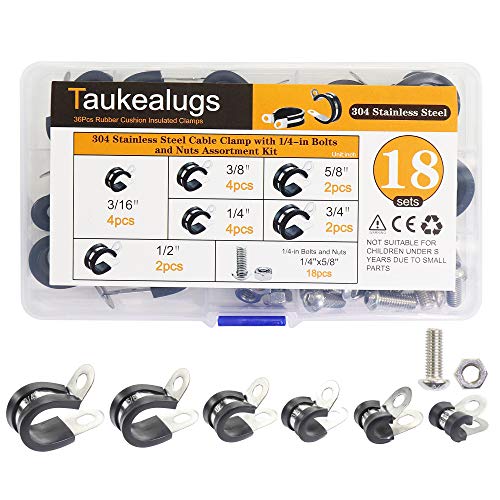 18sets Rubber Cushion Insulated Cable Clamps-6sizes 304 Stainless Steel Metal Clamp with Hex Bolts Screws Nuts Assortment Kit