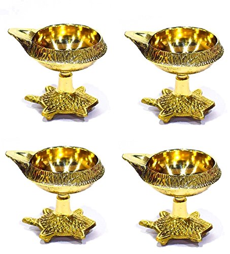 100% Pure Brass Diwali Diya (Set of 10) Indian Pooja Oil Lamp - Golden Engraved Design Dia With Turtle base. Deepawali Diya / Tea Light Holder / Diwali / Christmas Decoration. Traditional Oil Lamp