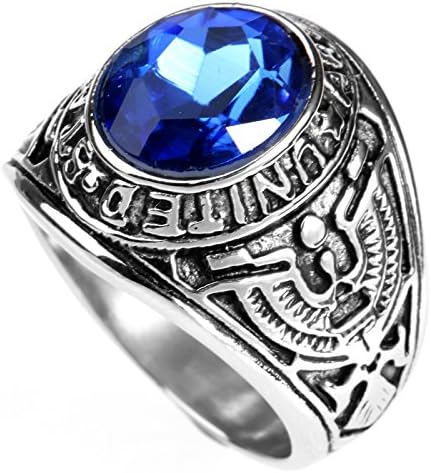 LOPEZ KENT Vintage Mens Stainless Steel Eagle US Army Ring with Oval CZ Stone