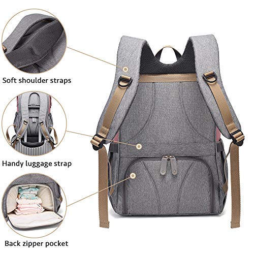 Large Diaper Bag, Dikaslon Stylish Travel Backpack Nappy Bags with Changing Pad and Stroller Straps for Baby Care, Pink and Gray