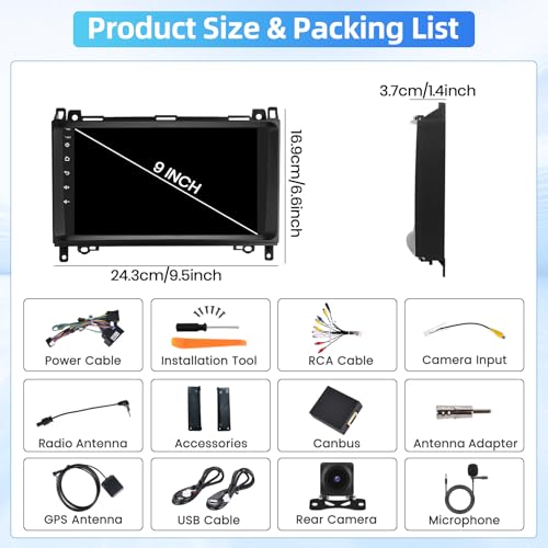 Fuluku Car Radio for Mercedes Benz W169 W245 B160 B170 B180 B200 W639 Vito Viano W906 Sprinter Android 15.4+64GB, HD Touch Screen 9"", Wireless CarPlay/Android Auto, Rear Camera, GPS/WiFi