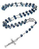 LOYALLOOK 10mm Blue Crystal Beads Catholic Rosary Necklace Crucifix Cross Pendant,30 Inch
