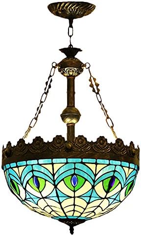 Chandeliers,Magcolor Tiffany Stained Glass Blue Peacock Retro Chandelier 3 bulbs