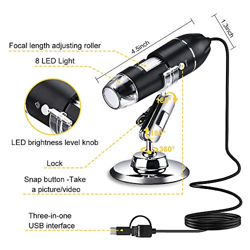 Leanking USB Digital Microscope 1000x 8 LED Magnification Endoscope Camera with Metal Stand Compatible with Windows, Android and Mac