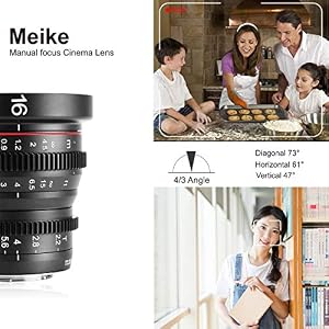 Meike 16mm T2.2 Large Aperture Manual Focus Prime Low Distortion Mini Cine Lens Compatible with Micro Four Thirds M4/3 MFT Olympus/Panasonic Lumix Cameras and BMPCC 4K Zcam E2