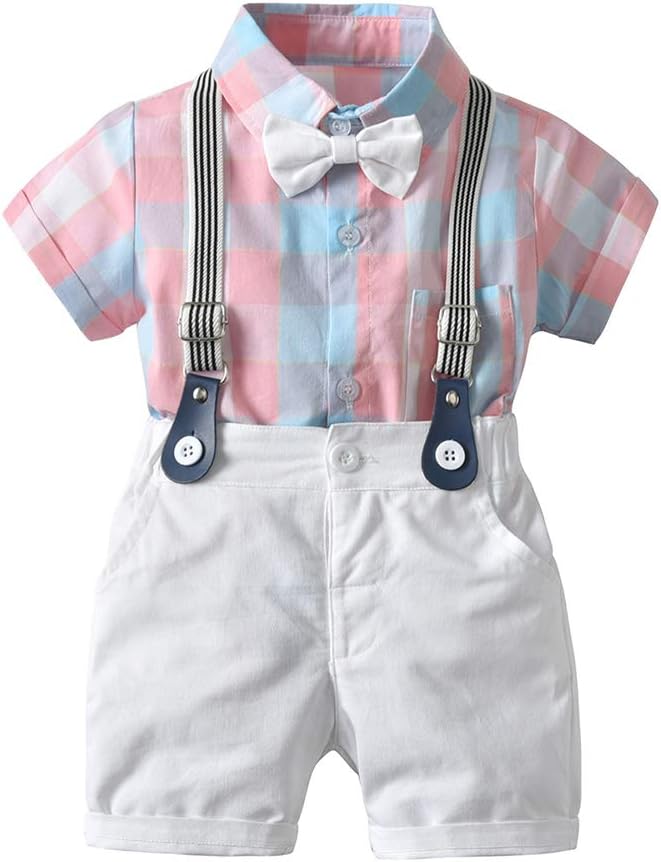 BoarnseorlBaby Boys Gentleman Outfits Suits, Infant Short Sleeve Shirt+Bib Pants+Bow Tie Overalls Clothes Set