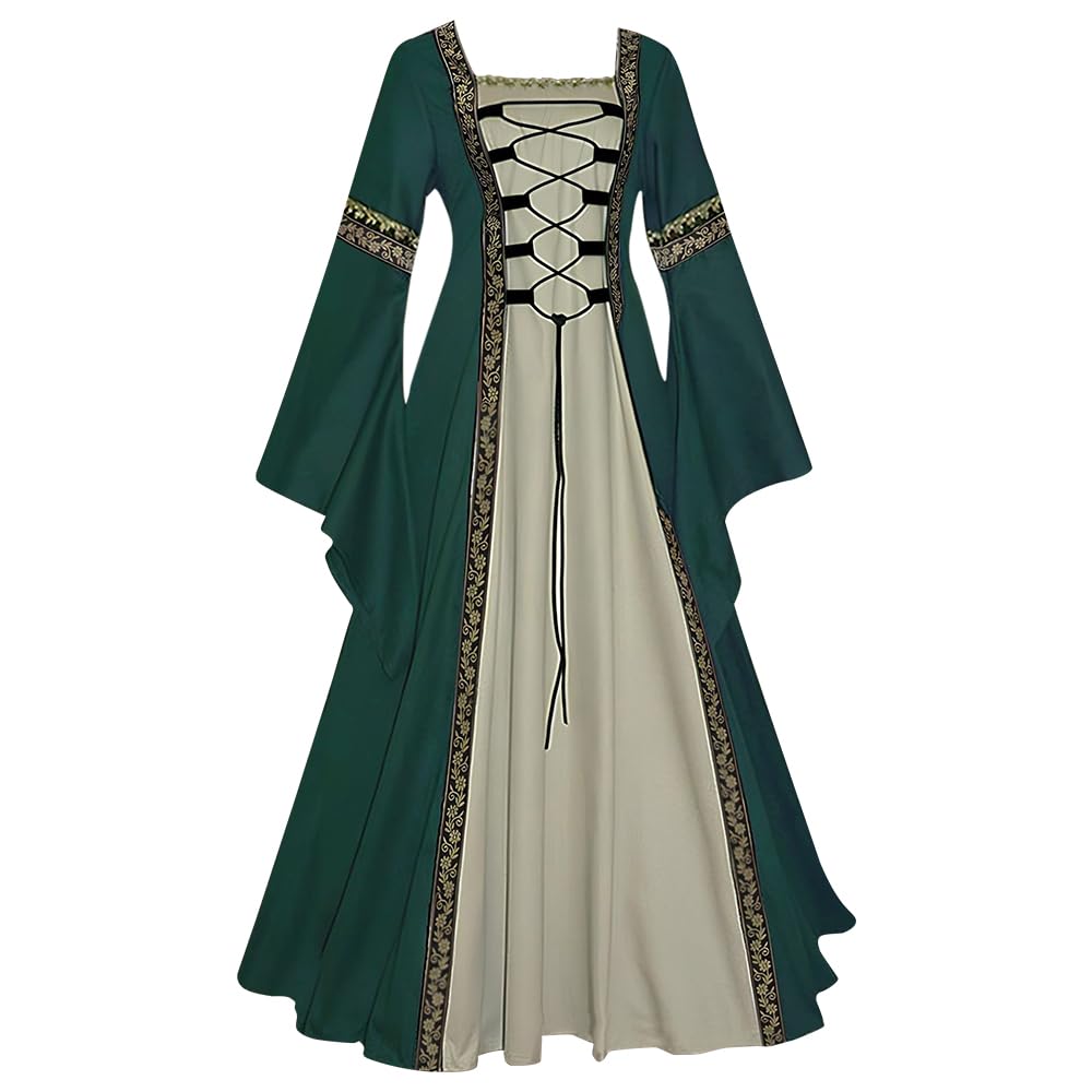 Feynman Medieval Costume Women - Retro Medieval Dress Gothic Palace Ladies Trumpet Sleeves Party Renaissance Costume, Green, M โ image 1