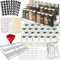 Spice Racks with 24 Glass Spice Jars & 2 Types of Printed Spice Labels by Talented Kitchen. Complete Set: 2 Shelf Stainless Steel 3-Tier Racks, 24 Square Empty Glass Jars 4oz, Chalkboard & Clear Label