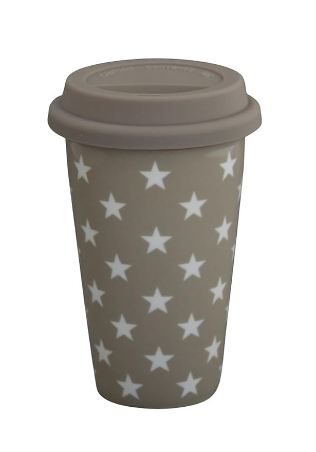 Krasilnikoff - Thermobecher - Kaffee to Go Becher - Travel Mug - Sterne Taupe - Porzellan - Silikon - 350 ml