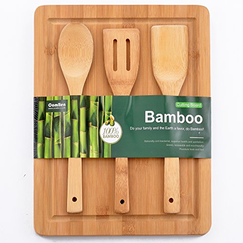 Comllen Organic Bamboo Gift Set With 3-Piece Wooden Utensils and a 14.5" x 11.5" Bamboo Cutting Board