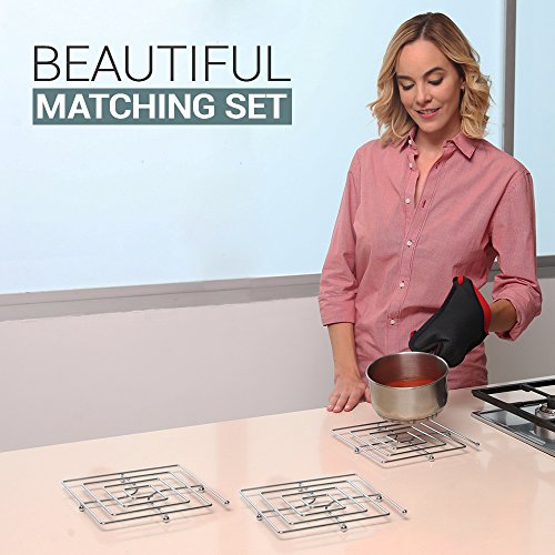 Trivet Set for Hot Dishes or Teapot | Double Coated Chrome Finish Kitchen Accessories for Tables - Modern Collection for Table Decor - Thumbnail 4
