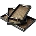 Set of 3 Dark Brown Wood and Woven Rattan Nesting Serving Trays with Cut-Out Handles