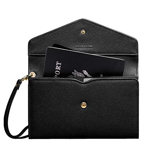 Krosslon Rfid Passport Holder Wristlet Travel Wallet Trifold Documents Organizer Slim Purse, Fit US UK CA Passport Cover Traveling Accessories for Women, Black(1#)