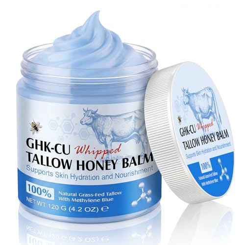 Copper Peptides GHK-Cu Beef Tallow Skin Care - Beef Suet Balm with Methylene Blue, Manuka Honey and Vitamin E, Natural Moisturizer for Face and Body - 120g