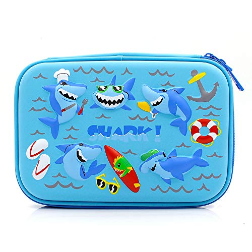 Baby Shark Embossed Hardtop Pencil Case - Cute Boys School Supply Stationery Organizer - Large Capacity Pen Box Pouch Bag for Kids (Light Blue)