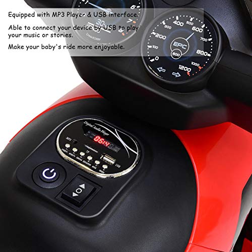 Costzon Kids Motorcycle 6V Bicycle 3 Wheels Battery Powered W/ MP3 for Boys & Girls, Children Electric Ride on (Red & Black)