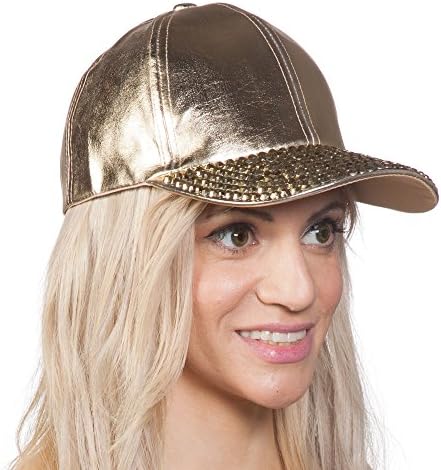 Womens Metallic Baseball Cap w/ Sequined Bill - Gold