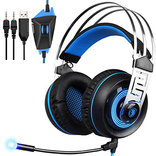Gaming Headset Compatible Xbox One, SADES PS4 Headset with Mic, PC, Noise Cancelling Over Ear Headphones with LED Light Bass Surround Soft Memory Earmuffs Compatible Mac Laptop
