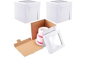 Huoshange Tall Cake Boxes for Tier Cakes,12x12x12 Inch [3 Pack ] Sturdy Tall Cake Box with Window,White Wedding Cake Boxes,La