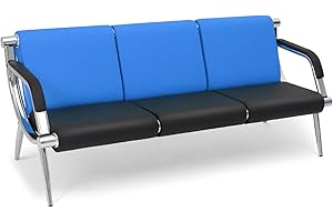 Walmokid Waiting Room Bench with Armrest, PU Leather Office Furniture, Lobby Conference Reception Bench, Office Guest Seating for Clinic,Airport,Hospital,Barber,Salon,Bank(Blue&Black, 1)