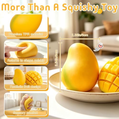 ORCHID M® Gold Mango Squishy, Fast Rebound Fidget Stress Relief Realistic Fruit Squeeze Toy, Anxiety Sensory Stress Squishy Hand Toys, Calming Adults Fidget Toys