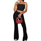 Sexy Women's 2 Piece Lounge Sets Pajama Outfits Casual yoga Crop tube Top High Waist Wide Leg Foldover Flare Pants