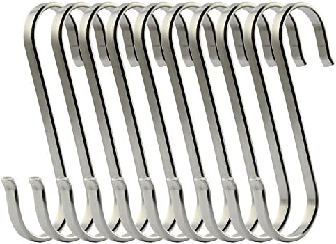TSJ 6 Pack Large Flat S Hooks Solid Stainless Steel Kitchen Rod Hooks for Hanging Pots and Pans, Utensils, Plants, Flowers, Baskets, Towels with 2 Sizes