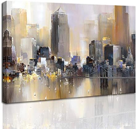 DekHome New York Skyline Buildings Canvas Wall Art Abstract Cityscape Painting Print Brooklyn Bridge Picture Stretched and Framed Modern Artwork for Home Office Decor Easy to Hang 24"x32"