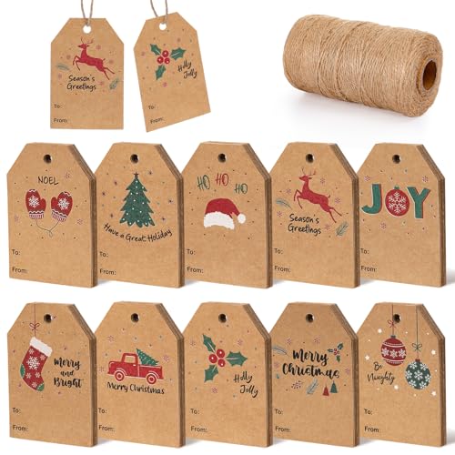 Blisstime 328 Feet Natural Jute Twine and 100PCS Christmas Gift Tags, Kraft Paper Brown Price Tags Labels for Christmas Gift Wrapping