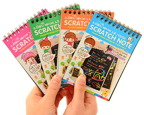 7TECH Premium Scratch & Sketch Art Note Pads - Rainbow Art & Doodle Pad, Mini Size with Assorted Covers, 4" x 5.5", 12 Sheets and 1 Stylus Per Pad - 4 Pack