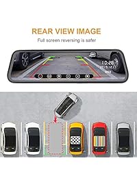 Junsun Cámara de seguridad con espejo para salpicadero, pantalla táctil de 10 pulgadas, 1080P, con doble lente Full HD, cámara de marcha atrás, gran angular de 170 grados, con sensor G, monitor de aparcamiento ...