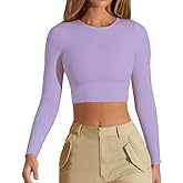 CUHUDA Women's Sexy Crew Neck Crop Top Long Sleeve Basic Fitted Tight Cropped T Shirts