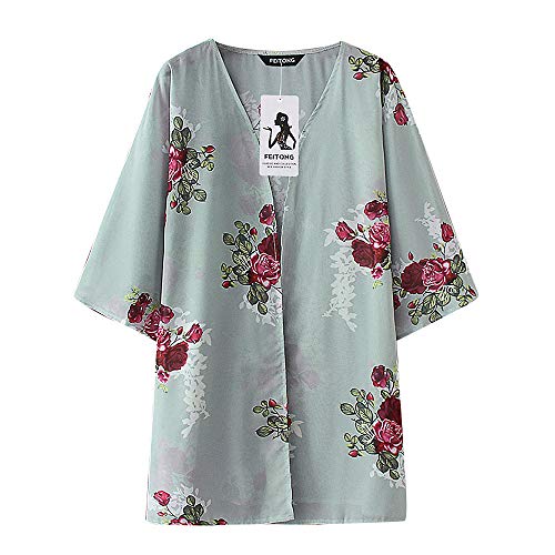 Tootu Women Chiffon Loose Shawl Print Kimono Cardigan Top Cover Up Blouse Beachwear (L, L) (L, Green)