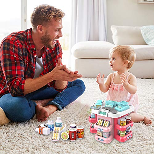 pozzolanas Pretend Play Toys,Cash Register Toys for Kids with Scanner Play Money Supermarket Grocery Toys Educational Playset Role Play Kits as Holiday Birthday Gift for Girls Boys