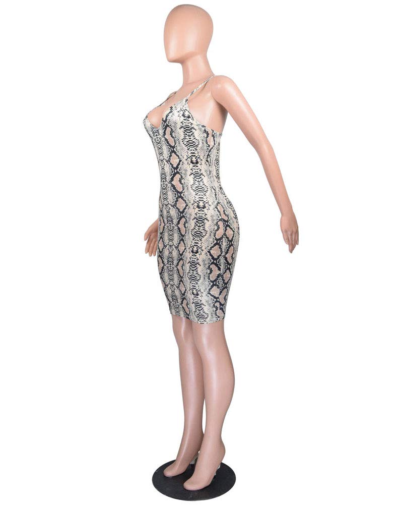 Womens Snakeskin Bodycon Dress - Sexy Spaghetti Straps Deep v Dress Party Clubwear Dresses Brown